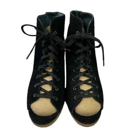 Ugg Elyse Black Leather Open Toe Lace Up Wedge Womens Booties Size 7 - Picture 5 of 12